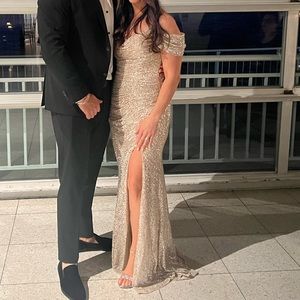 Platinum champagne, colored sequin gown with mermaid back. Size M